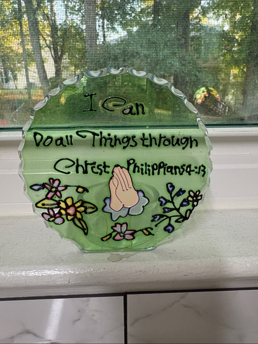 Green Inspirational Glass Art Plaque with Prayer Design